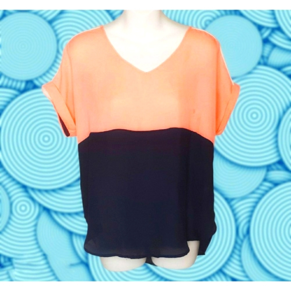 Vintage WISHFUL PARK Hi-Lo Sheer Peach Fuzz Orange and Blue Colorblock Top